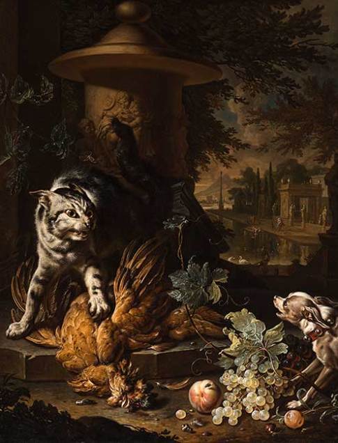 Dirk Valckenburg (Dutch, 1675–1721) 
A Cat Protecting Spoils from a Dog, 1717 
Oil on canvas 
39 7/8 x 31 . x 7/8 in. 
49 1/8 x 40 7/8 x 1 7/8 in. 
Collection of the Speed Art Museum, Museum purchase with funds from the estate of Alice Speed Stoll and anonymous donors 2005.18