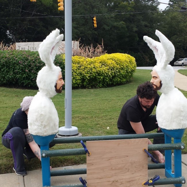 Alex Podesta (Louisiana, b. 1973), Self-Portrait as Bunnies (The Bathers), 2014, mixed media floating sculpture, ca. 54 x 26 x 20 inches above the waterline