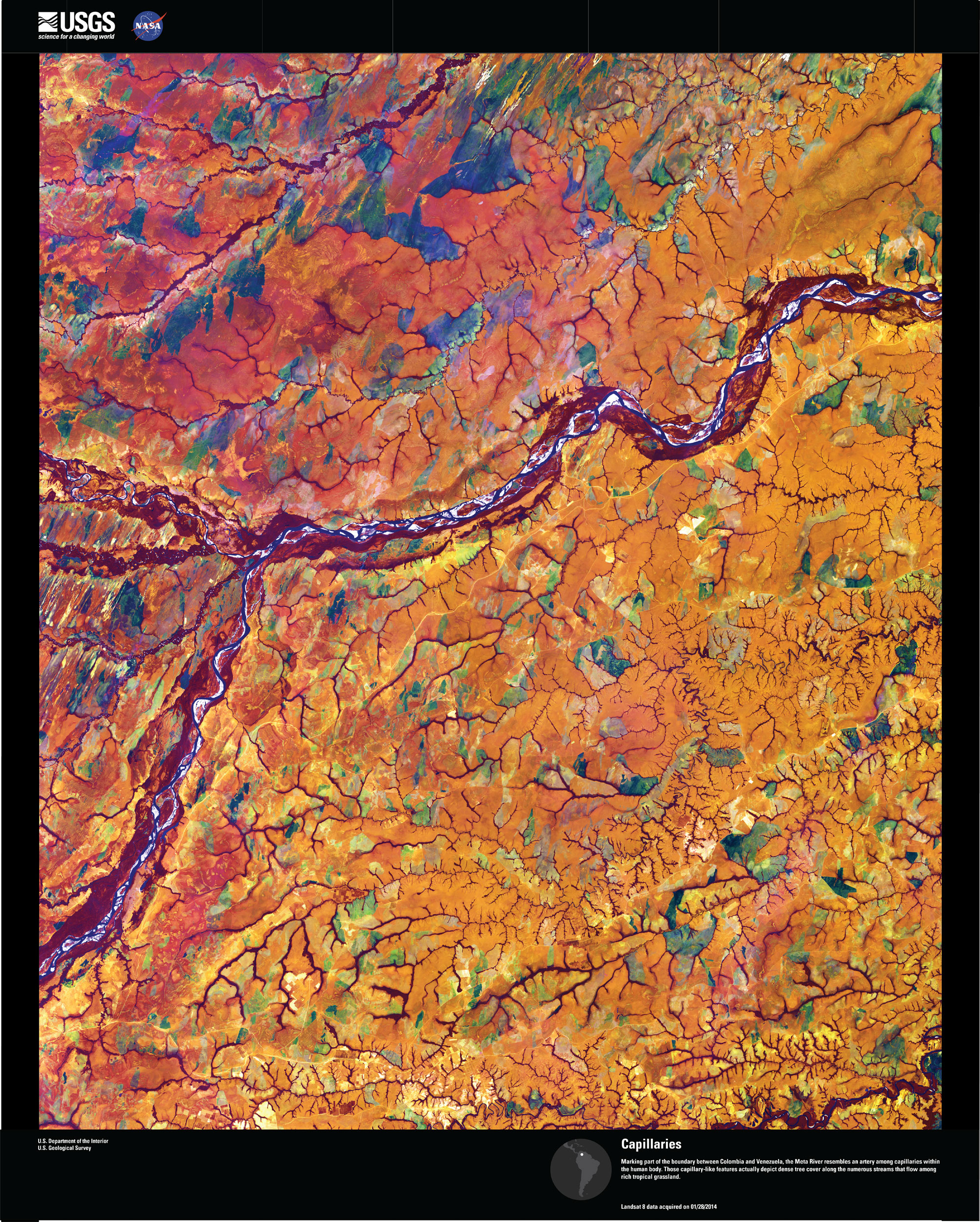 Satellite imagery of the Meta River at the Colombia and Venezuela border.