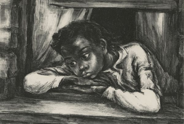 A young girl leans out of a window, looking sad.