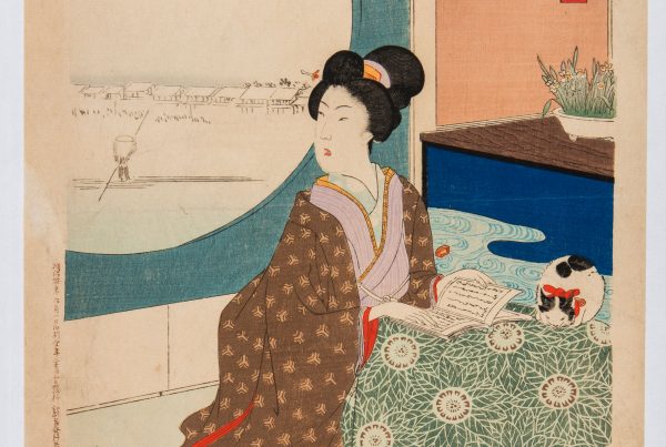 A woodblock print of a seated woman and a cat