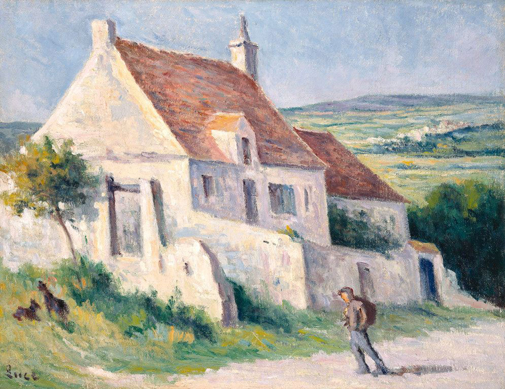 A traveler stolls in front of a large house.