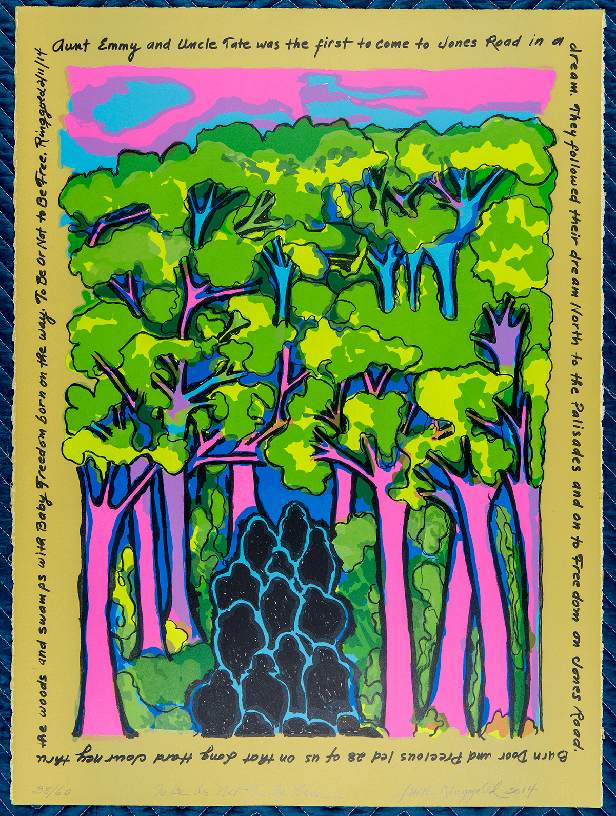 A color lithograph of people walking in the woods.