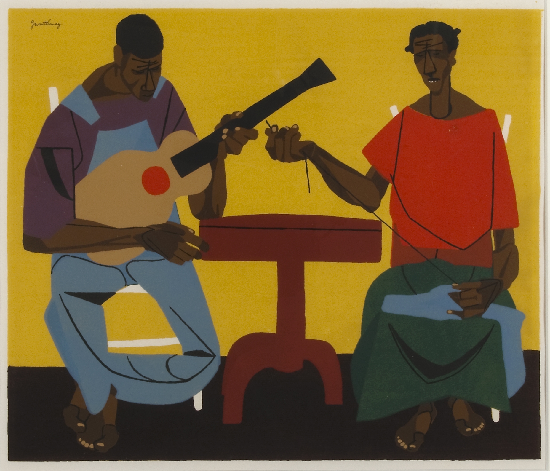 A Black man plays guitar while a Black woman sews.