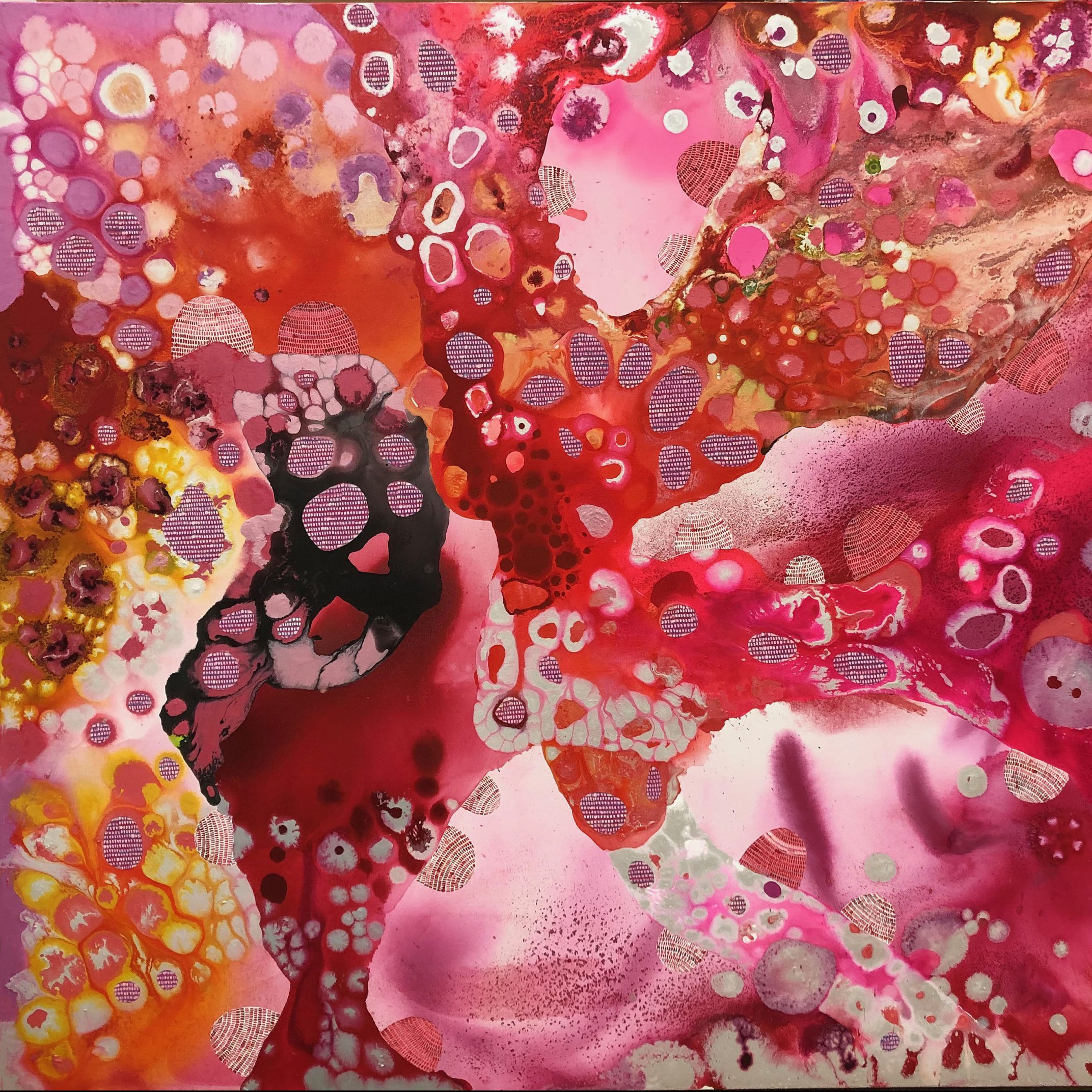 An abstract oil painting with bubbles and drips