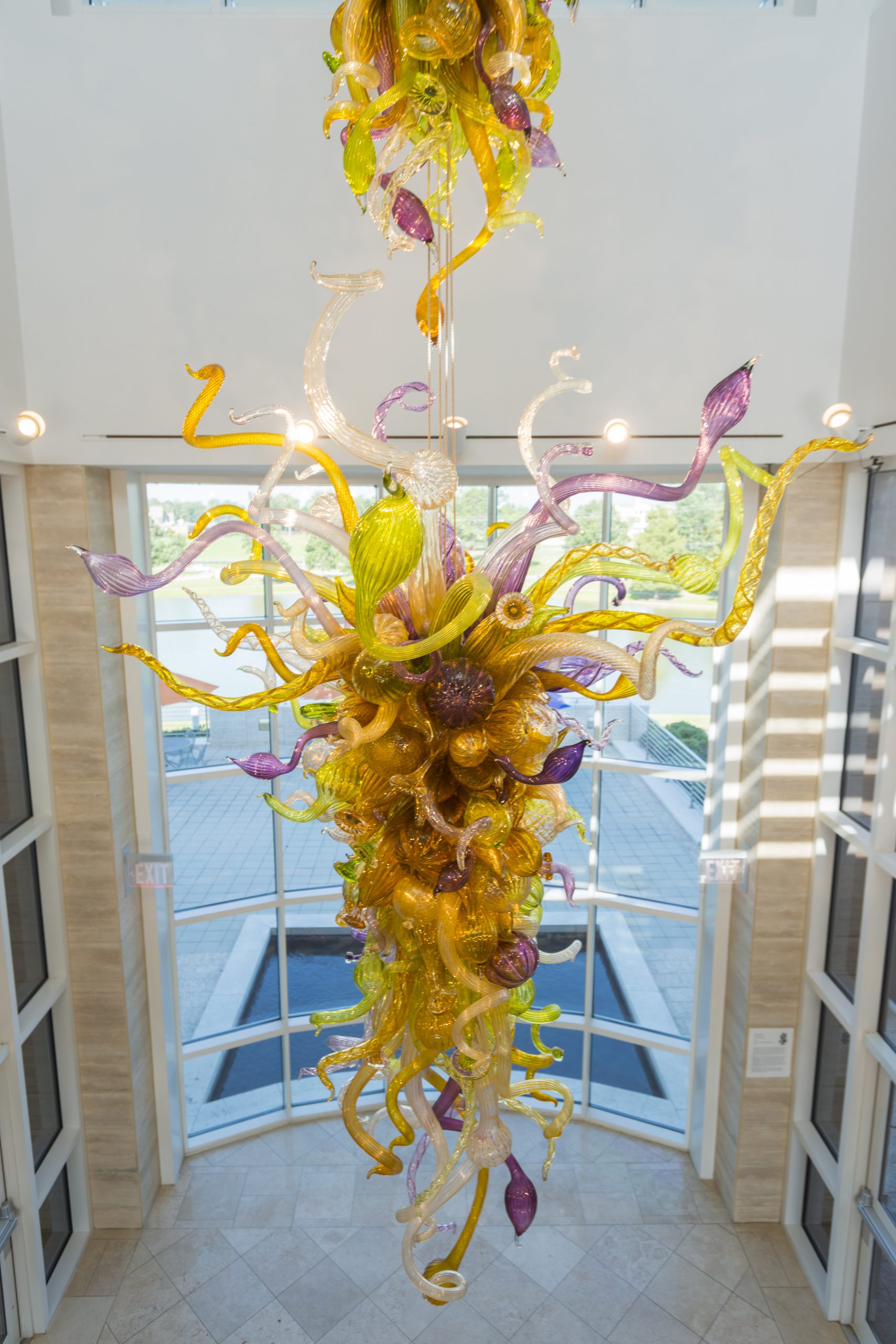 Aerial view of a glass sculpture in the atrium.