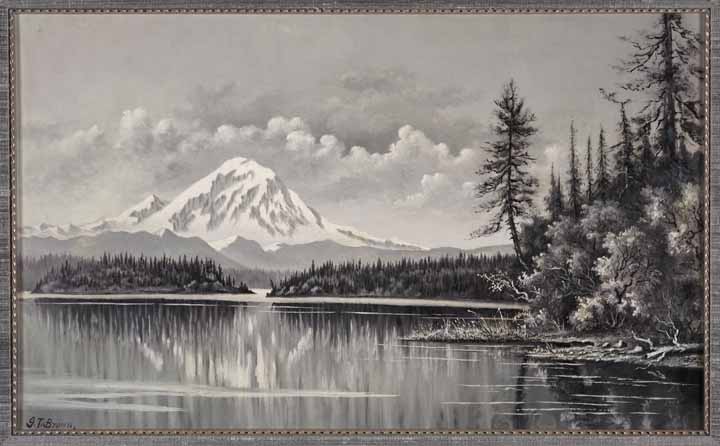An oil landscape of a lake, trees and Mount Tacoma