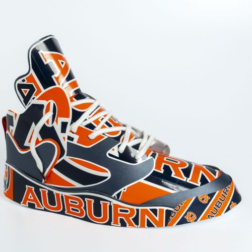 A Jordan Air5 sneaker made made of recycled materials from the Auburn Bookstore