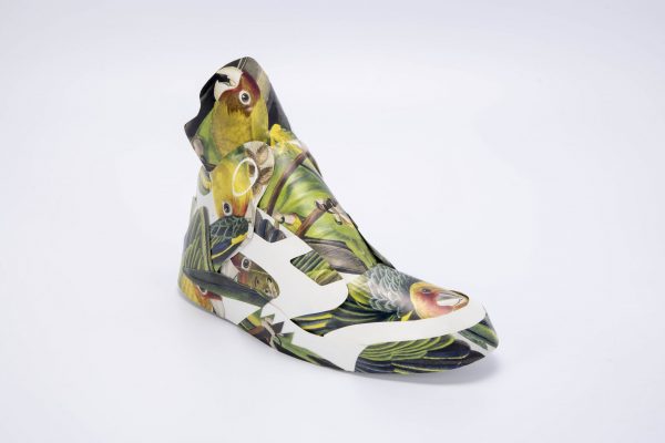A Nike Air Jordan 5 sneaker made of recycled materials from an Audubon reproduction.