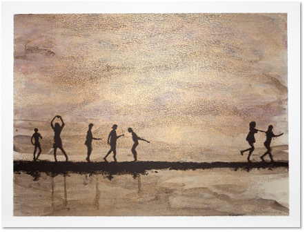 Seven silhouettes frolic by the water at dusk.