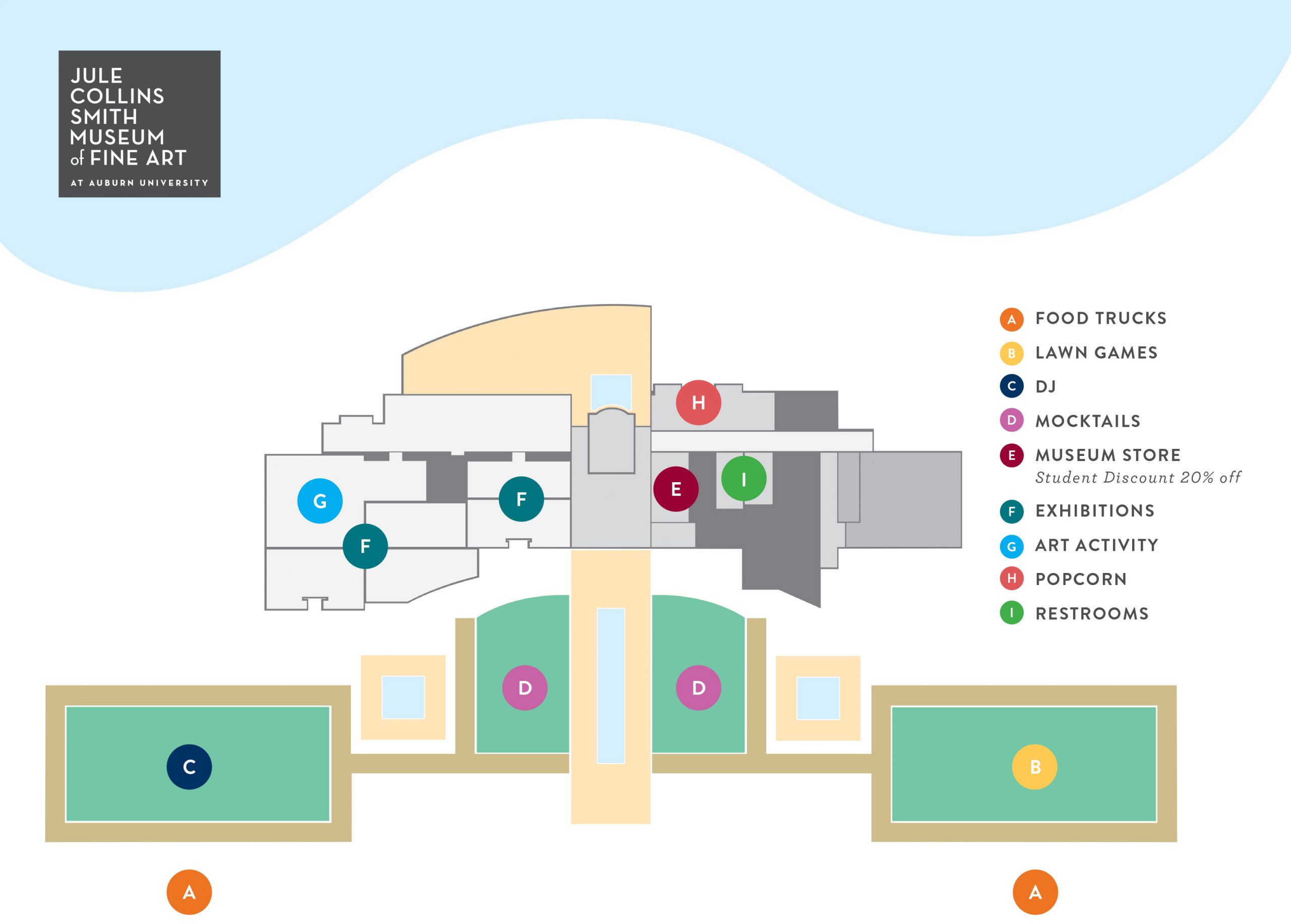 A map of the museum with areas of interest and entertainment.