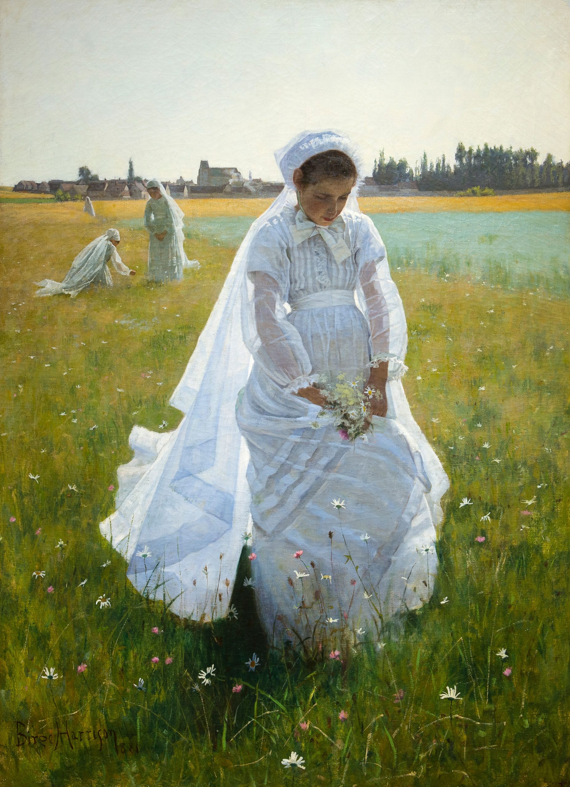A young girl walks across a field, head down, wearing a communion gown.