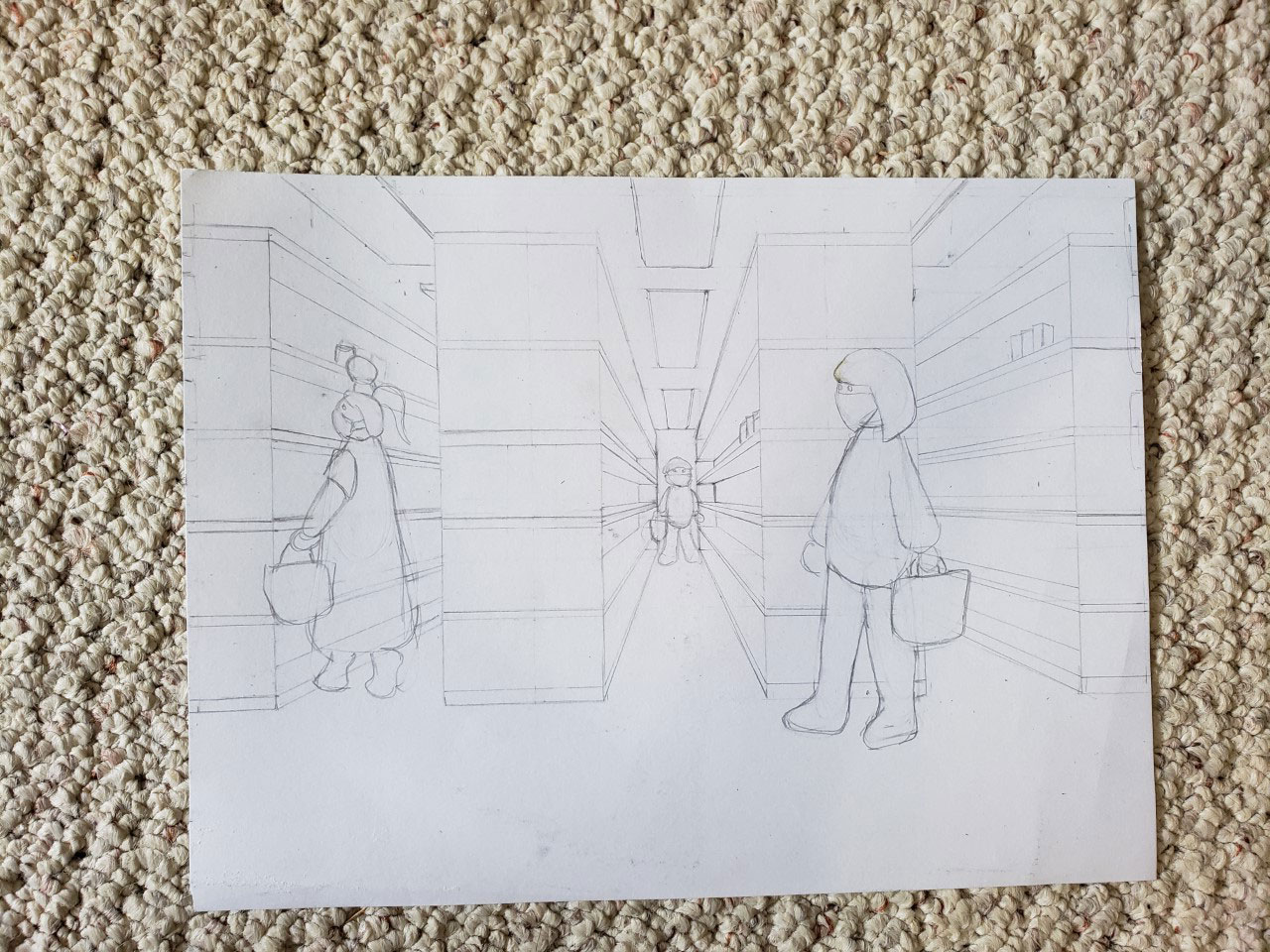 Pencil sketch of people shopping in a store and wearing masks.