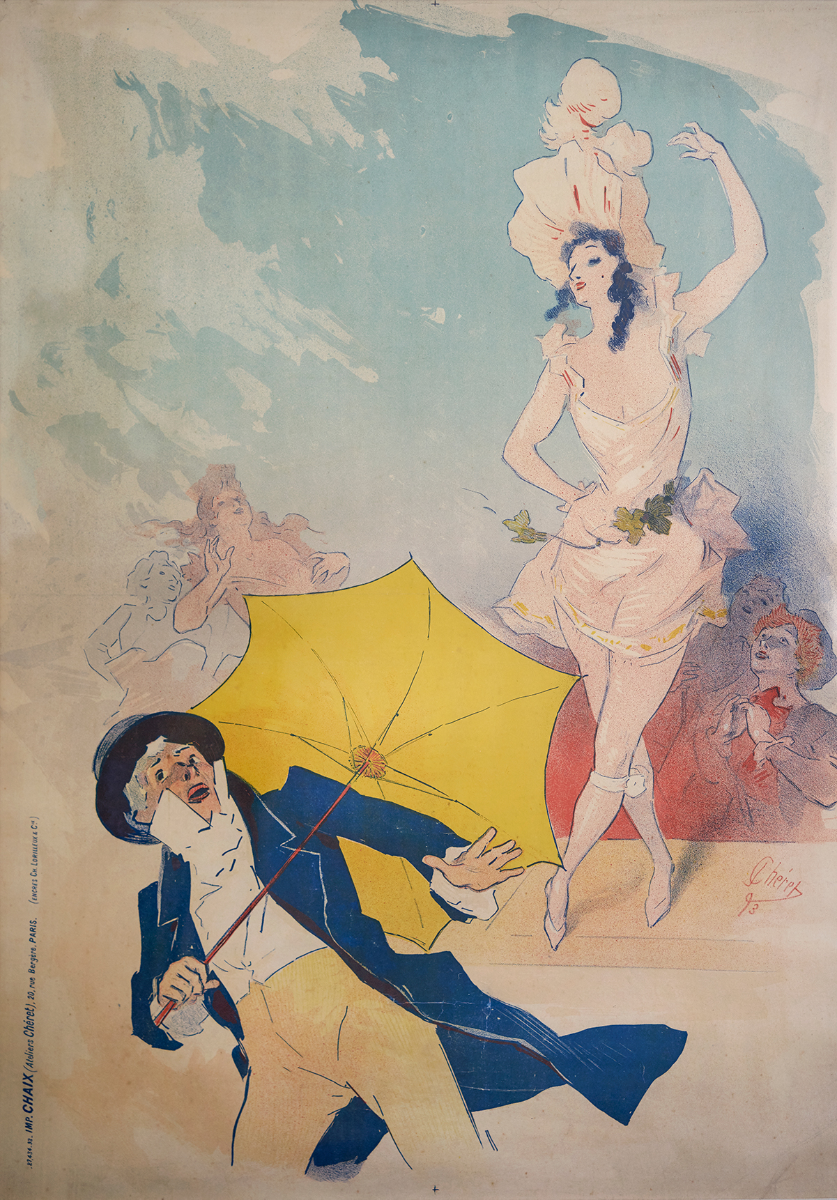 A dancer performs for a man holding an umbrella.