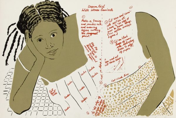 A Black girl leans on her hand, with paper doll dimensions written on her dress.