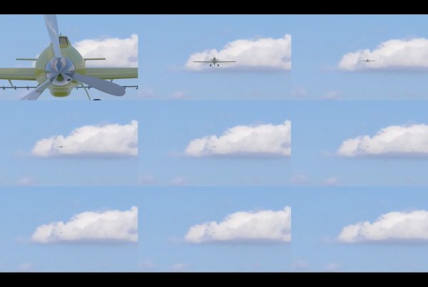 Six digital images that feature a plane approaching from varying distances.