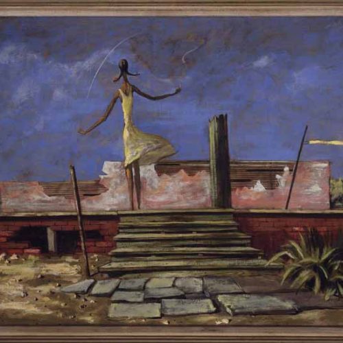 A figure stands in front of a dismantled home under dark skies