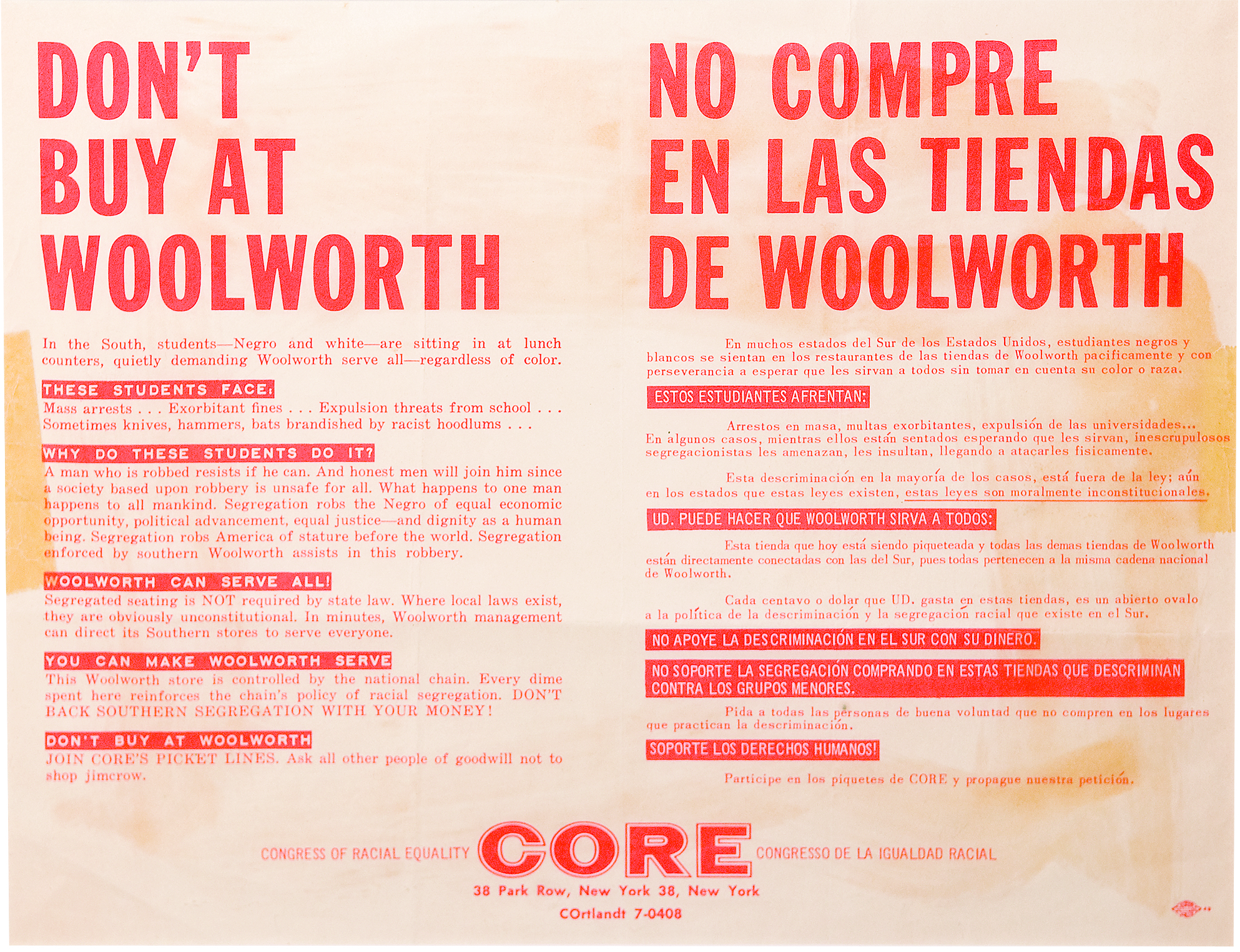A bilingual poster advertising the Woolworth Boycott