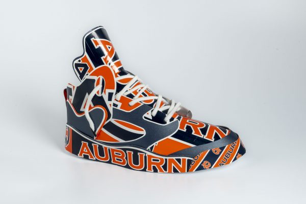 A Nike Jordan Air 5 sneaker made of recycled materials from the Auburn Bookstore.