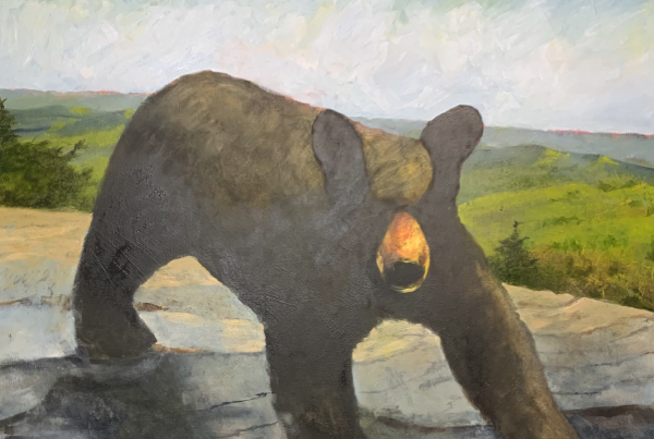 An oil painting on a black bear on a rock.