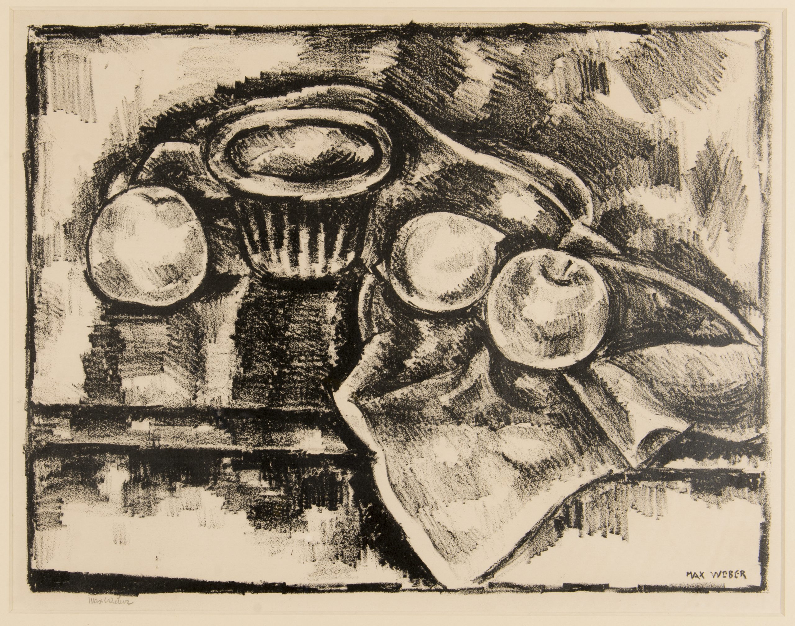 A lithograph print featuring a chalice and apples