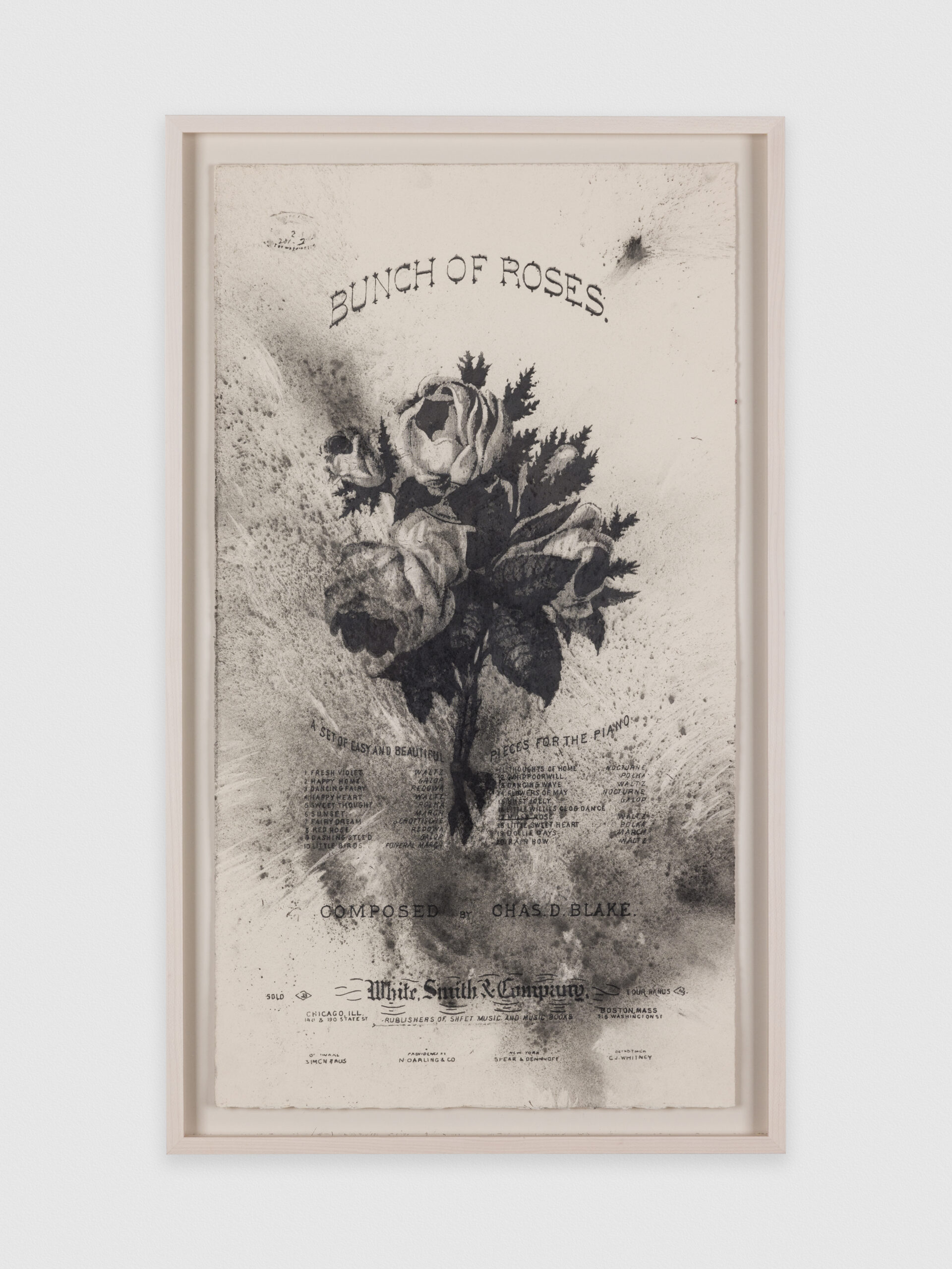 A vintage cover of sheet music, featuring roses and the piece title, Bunch of roses. The paper is aged and smeared with graphite and charcoal.