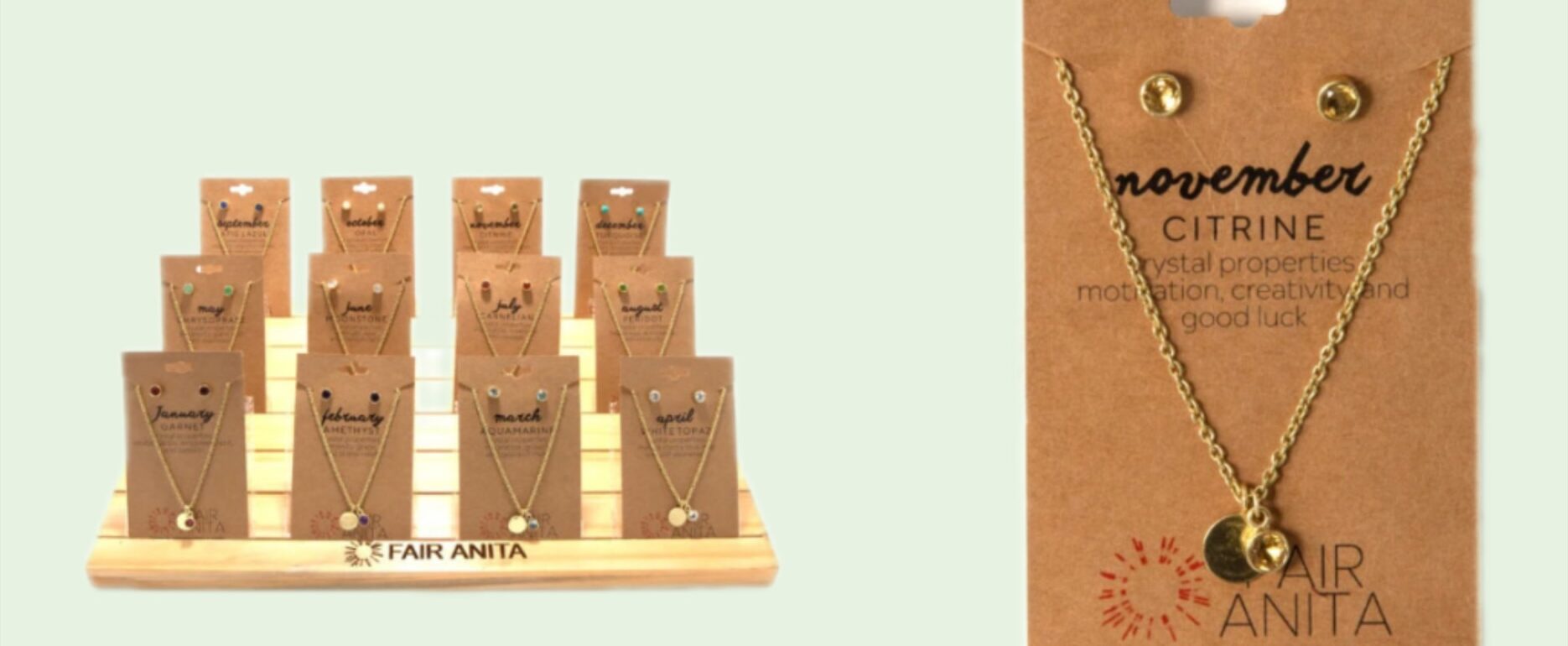 birthstone necklaces displayed on a wooden tray alongside a detaile image of a necklace.