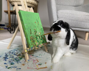 Wally, a black and white rabbit artist who painted with Daniel Newman, holds a brush up to a green canvas on an easel.