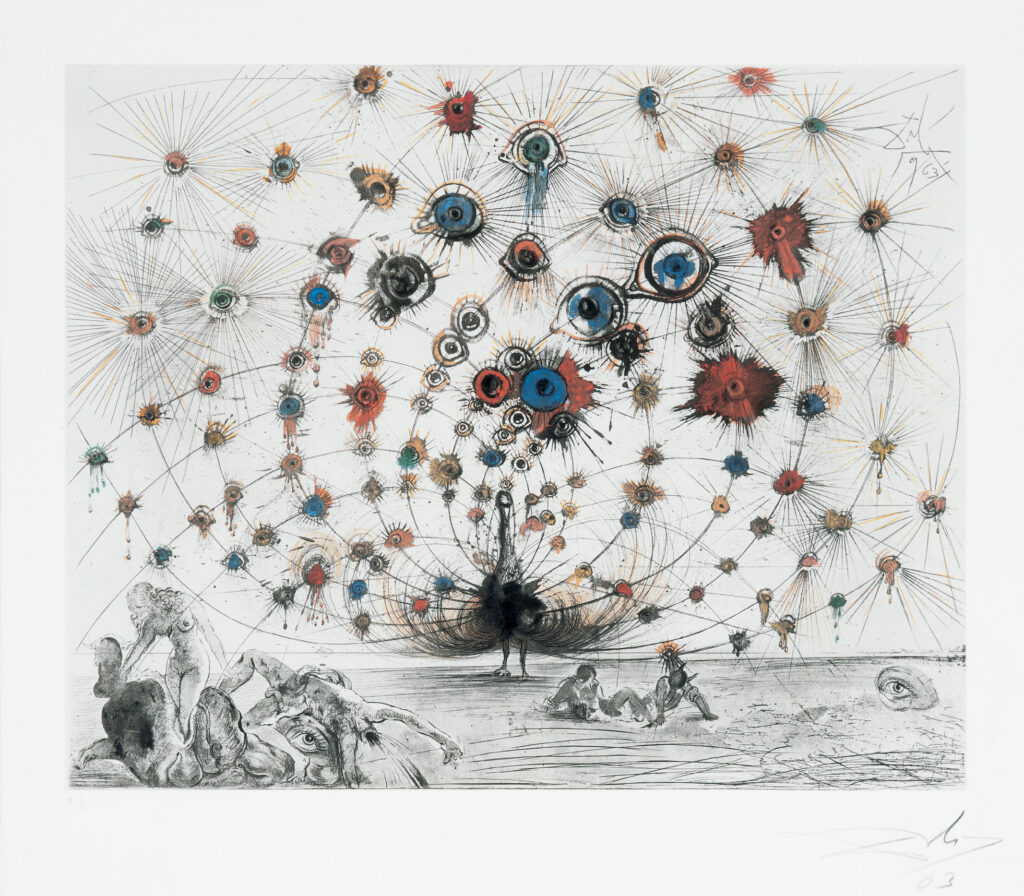 A large peacock with eyes on the outspread tail in the center of the image. Small, nude, figures are on the ground in front of the bird.