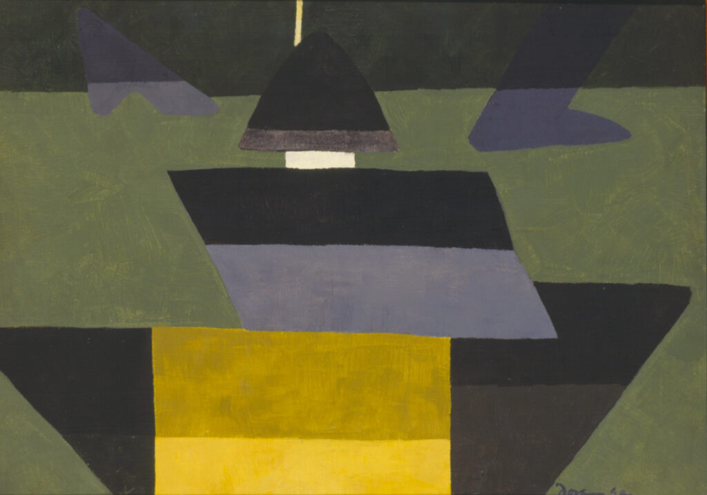 Green background with different tones of yellow and grey in shapes of rectangles, triangles, and trapezoids.