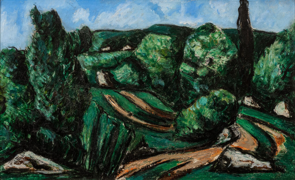 Green and brown landscape. Rolling hills with trees, dirt roads, and a blue sky with wispy clouds.