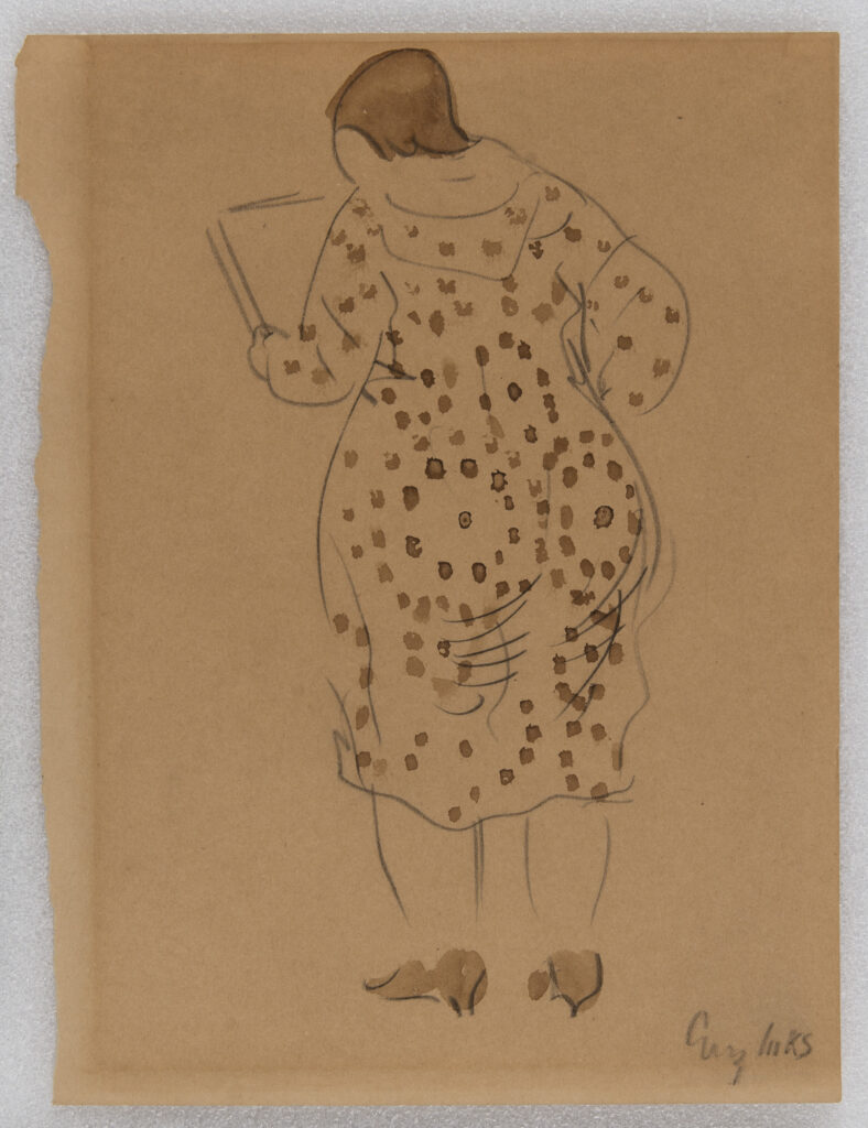 Sketch of the back of a woman, holding a book, with brown hair, shoes and polka dot dress