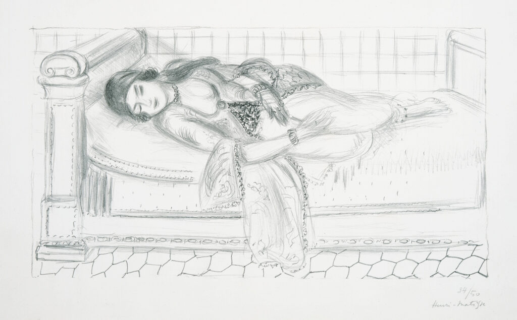 Sketched image of a woman, dressed in robes and harem pants, asleep on a bed.