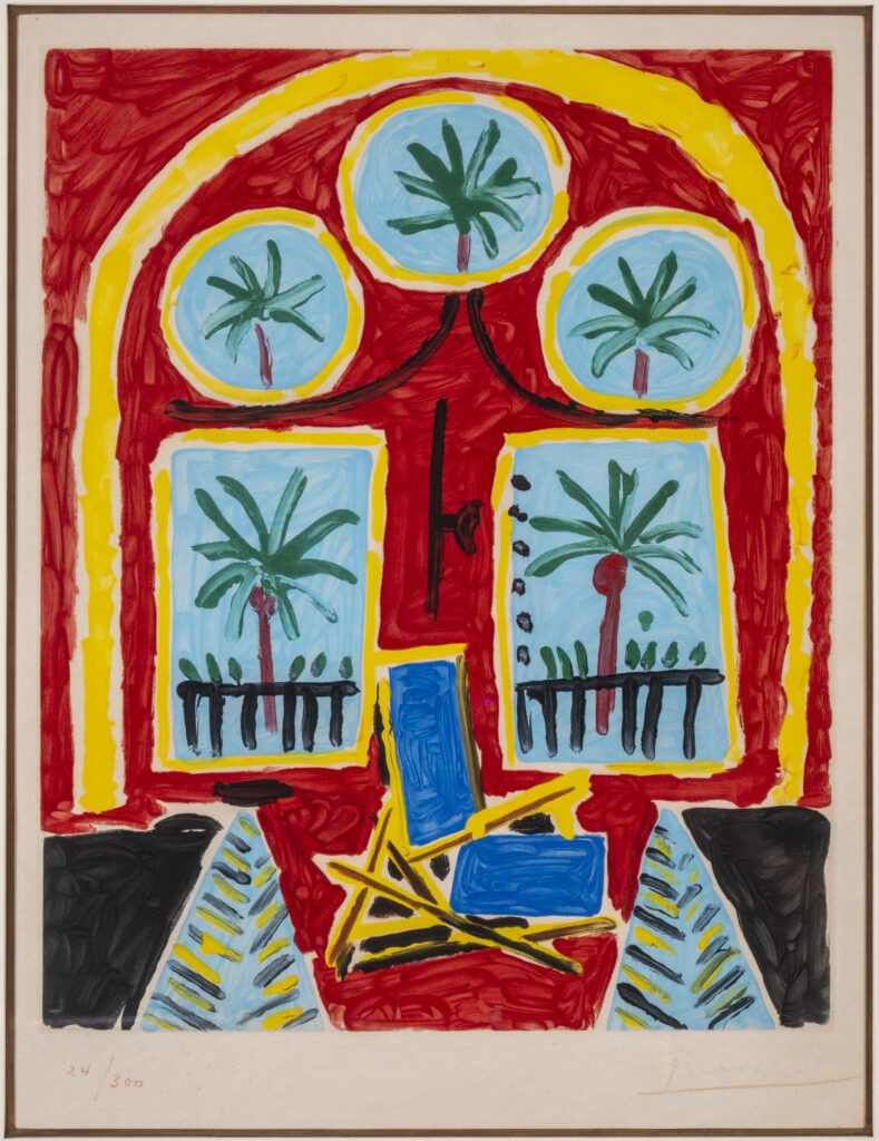 Color print in red, yellow, green, blue and black of windowed interior with palm trees outside (view of Matisse's studio after his death).