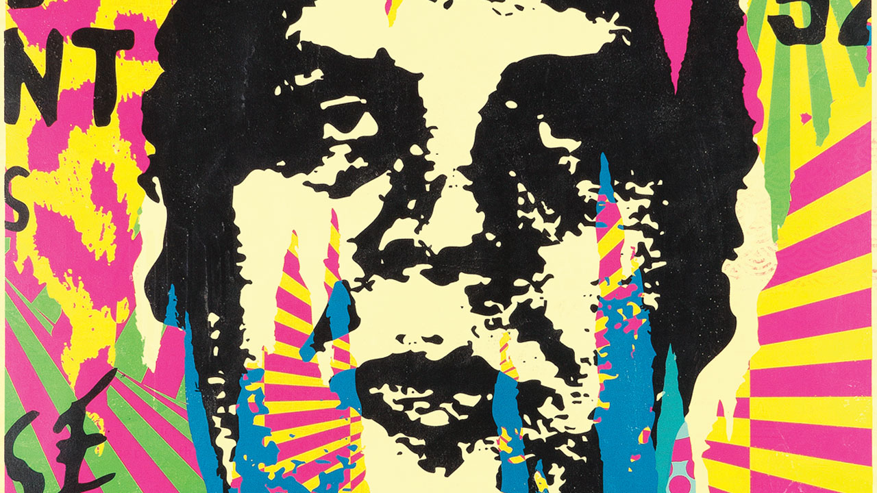 Pop-art style portrait in bold black with bright neon colors and sunburst patterns, featuring fragmented text and a layered, graphic design.