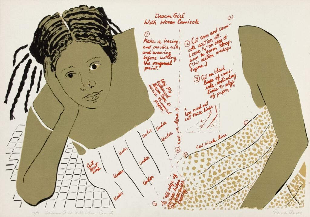 Abstract woman leaning her head on her hand, wearing a white camisole with red words printed onto it.