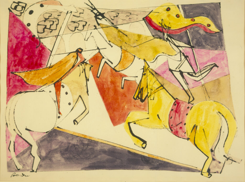 Three red and yellow abstract horses and riders leap towards each other. A background of geometric shapes.