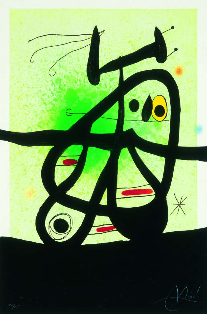 Heavy, black outline of a abstract image of bird, on a light green background with a dark green splotch in the middle area. The bottom quarter of the image is all black.