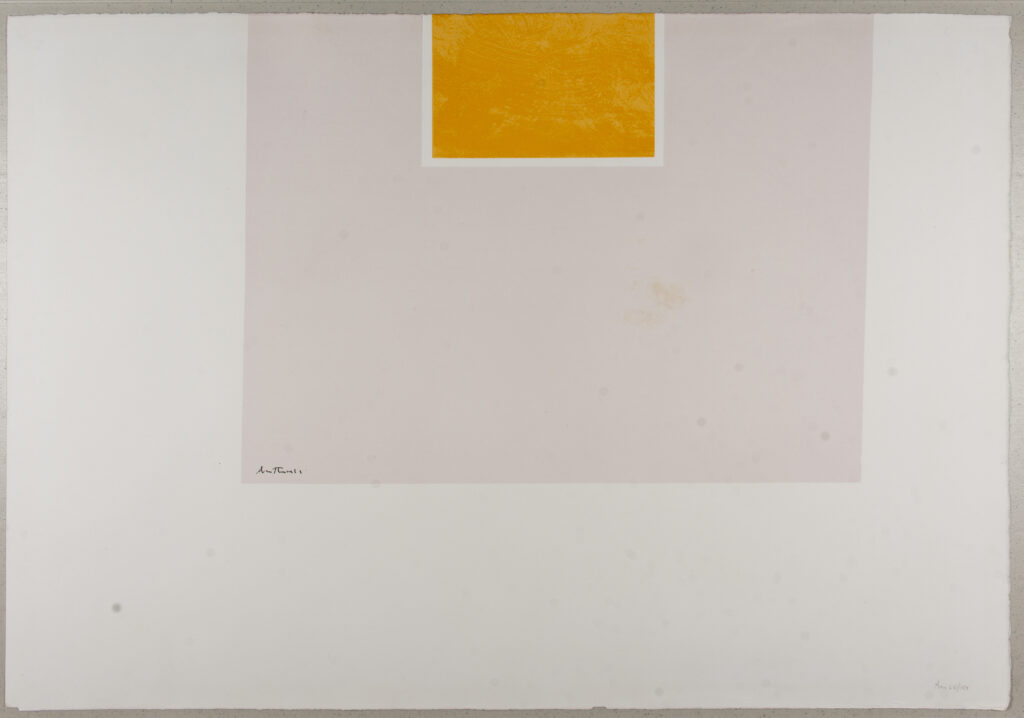 Color screen print featuring 3 blocks of color: a large grey fills the screen, with a pinkish-grey toward the top-middle, and a orangey yellow in the middle of the second block.