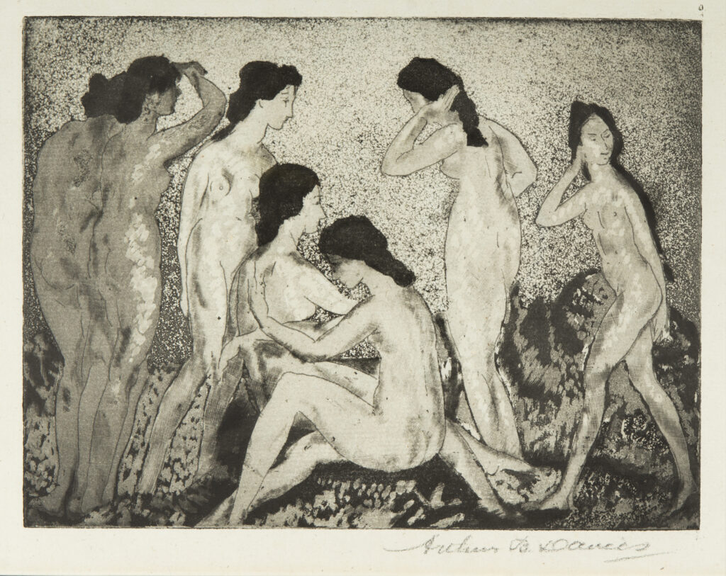 Image of seven undressed women, two seated on rocks, five standing. All with black hair.