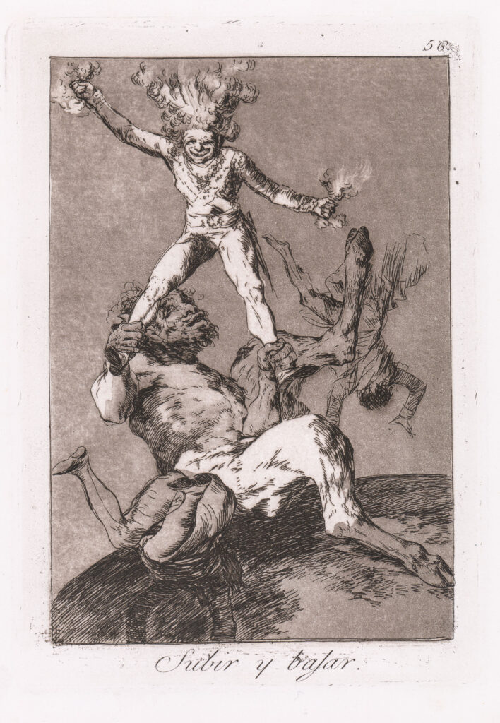 Centar figure sitting on a person and holding up another figure. Other figure falling in background.