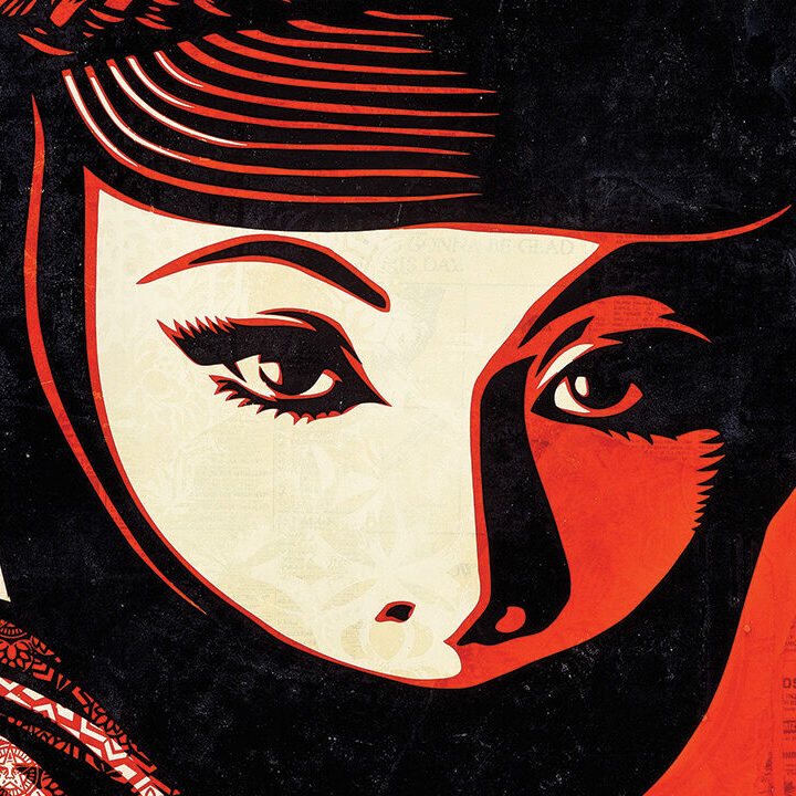 A bold, graphic illustration of a woman’s eyes framed by a head covering, rendered in red, black, and cream with textured, patterned background elements.