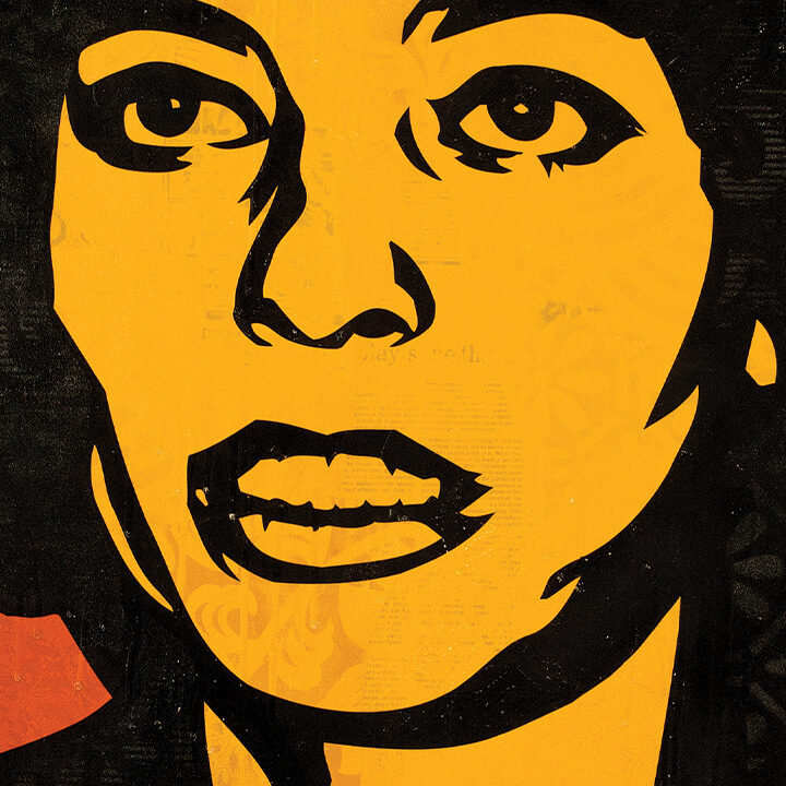 A bold, graphic portrait of a woman’s face in yellow and black, with textured patterns and red and green accents in the background.