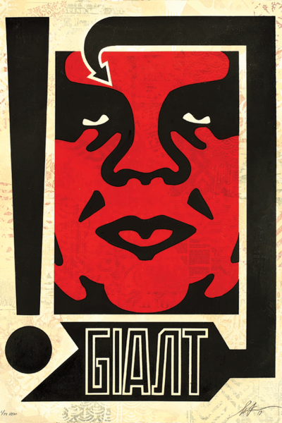 High-contrast graphic artwork of a red face with simplified features, surrounded by arrows and an exclamation point, labeled “GIANT.”