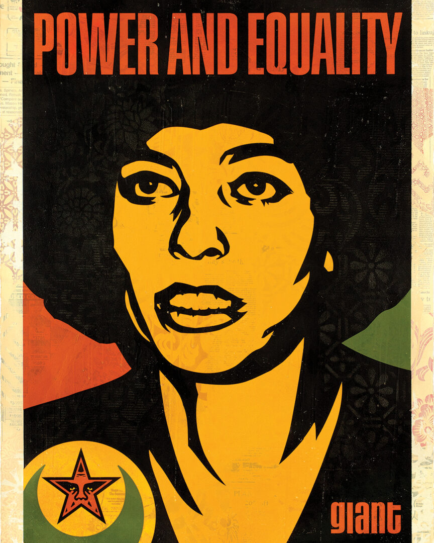 A bold, graphic portrait of a woman’s face in yellow and black, with textured patterns and red and green accents in the background.
