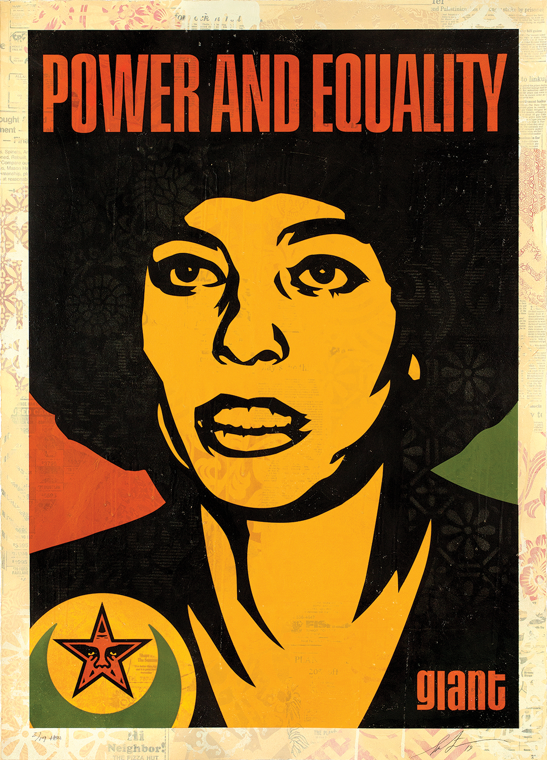 A bold, graphic portrait of a woman’s face in yellow and black, with textured patterns and red and green accents in the background.