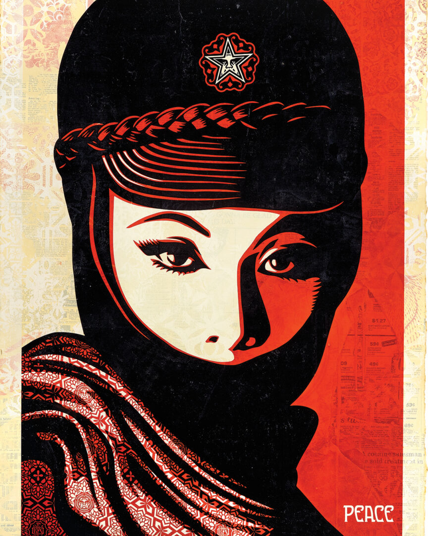 A bold, graphic illustration of a woman’s eyes framed by a head covering, rendered in red, black, and cream with textured, patterned background elements.