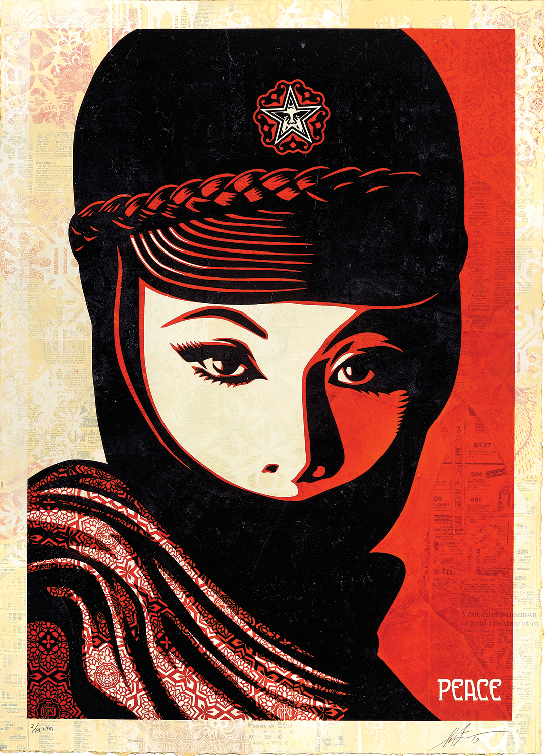 A bold, graphic illustration of a woman’s eyes framed by a head covering, rendered in red, black, and cream with textured, patterned background elements.