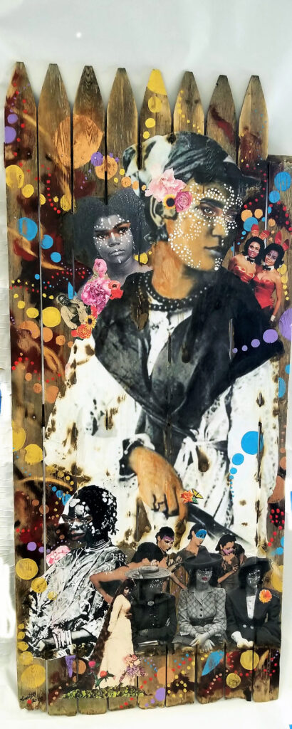 Images of Black women printed on paper, some have their faces painted with dots, printed on paper and collaged over a section of unpainted wooden fence with pickets at the top.