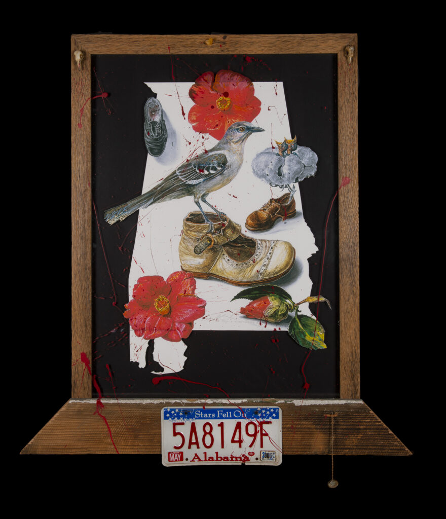 Image of the state of Alabama with a bird on a shoe and red camillas printed on it. Framed with found wood and red paint splattered over the surface. Alabama license plate attached on the bottom of frame. Small bird skulls attached to top corners.